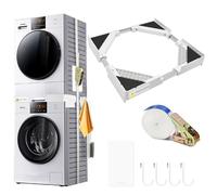 YTACREA Kit de Superposition Lave Linge Seche Linge Universel, Support Machine a Laver avec 8 Patins Anti Vibrations et Cordes à Cliquet, Cadre Réglable 44.5 à 70 CM, 4 Crochets, Blanc