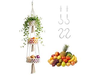 YTACREA Panier Suspendu Suspendu à Trois Niveaux, Corbeille a Fruit Mural en Corde de Coton avec Crochets, Panier Mural de Bohème pour Ranger Légumes, Friandises et Jouets