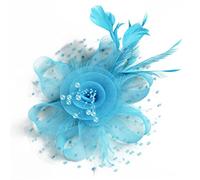 YTBHSHXZ， Chapeau Fedora en maille for femme, voile, plumes, pinces à cheveux, for mariage, cocktail, accessoire for cheveux(Lake blue)