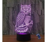 YTDZLTD Créatif 3D Hibou Nuit Lampe 16 Couleurs Changeantes Puissance USB Télécommande Contact Switch Lampe Décorative Illusion Optique LED Lampe de Table Anniversaire Noël Cadeau Enfants Jouets