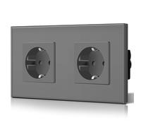 YTFHG-Double prise Schuko Normal - 2 prises - Norme UE - Encastrée - Avec câble de terre - Installation facile - Plaque en verre cristal - 16 A - 250 V - Rallonge de 157 mm - Gris