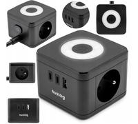YTFHG-Huslog Cube de Prises 5 en 1 avec 1,4 m de câble, 2 Prises Schuko + 2 USB-C & 1 USB-A, 4000 W / 16 A, variateur LED 3 Niveaux, Interrupteur Marche/arrêt, Pieds antidérapants en Caoutchouc, Noir