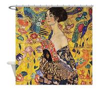 YTITILUCK Gustav Klimt Lady with Fan Décoratif Tissu Rideau de Douche Jaune Esthétique Rideaux de Douche pour Salle de Bains Décor 200x220cm(WxL) Extra-Long-Douche-Curtain