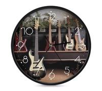 YTLKGFP Horloge murale ronde en forme de guitare de 25,4 cm - Horloge murale moderne silencieuse et sans tic-tac - Facile à lire - Pour bureau, maison, salle de bain, cuisine, chambre à coucher
