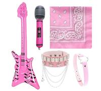 YTPAFK Costume Rockstar 5 pièces pour enfants, déguisement Glam Rock avec guitare gonflable et microphone, accessoires Rock Star des années 80 pour filles, parfait pour les fêtes et les spectacles