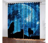 YTSDBB Rideaux Occultant Chambre Loup étoilé Bleu L 140 x H 160 cm 3D Impression Salon Moderne Isolant Thermique Et Sonore Oeillets Polyester 2 Pièces pour Chambre Salle de Jeux