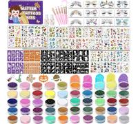 Ytseazn-50 Couleurs Tatouage Paillette Enfant Avec 128pochoirs,12 Autocollants Bijoux De Visage,300+ Motifs Mixtes Autocollants,Filles Garçons Tatouages Temporaires Pour Noël Halloween Carnaval