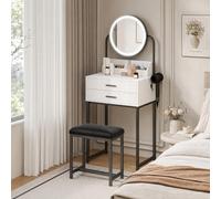YU YUSING 55cm Petite Coiffeuse avec Miroir LED et Tabouret, Table de Maquillage avec 2 Tiroirs et 2 Étagères, Table Coiffeuse Cosmétique avec Rangement, pour Chambre, Moderne, Noir et Blanc