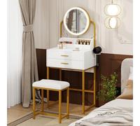 YU YUSING 55cm Petite Coiffeuse avec Miroir LED et Tabouret, Table de Maquillage avec 2 Tiroirs et 2 Étagères, Table Coiffeuse Cosmétique avec Rangement, pour Chambre, Moderne, Doré et Blanc