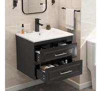 YU YUSING 60 cm Ensemble de Meuble de Salle de Bain Suspendu - Lavabo Céramique Blanc Incrusté, Robinet Noir, 2 Grands Tiroirs à Fermeture Douce, Design Moderne, Blanc et Noir, pour Espace Réduit