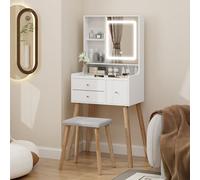 YU YUSING 68cm Coiffeuse avec Miroir LED 3 Couleurs avec 1 Tabouret, Table de Maquillage avec 3 Tiroirs 5 Étagères Ouvertes, Armoire de Rangement, Coiffeuse Cosmétique pour Petit Espace, Blanc Élégant