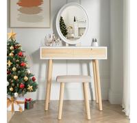 YU YUSING 70cm Coiffeuse avec Miroir LED 3 Couleurs et Tabouret, Table de Maquillage avec 2 Tiroirs, Coiffeuse Cosmétique, Luminosité Réglable, Couleur Bois, Moderne (Ovale)