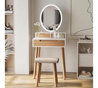 YU YUSING Coiffeuse avec Miroir LED 3 Couleurs avec 1 Tabouret, Table de Maquillage avec 3 Tiroirs, Luminosité Réglable, 60cm Table Cosmétique pour Petit Espace, Couleur Bois, Chambre, Moderne