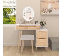 YU YUSING Coiffeuse avec Miroir LED et Tabouret, Table de Maquillage avec 4 Tiroirs et Table de Chevet Nuit Amovible, Coiffeuse Cosmétique avec Rangement en Bois, Moderne, Blanc