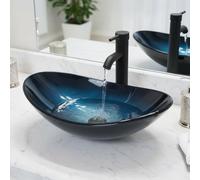 YU YUSING Ensemble Complet- Lavabo de Salle de Bain en Verre Ovale, Vasque à Poser Moderne, Verre Trempé 12mm, Évier Suspendu Design Bleu Nuit avec Robinet Inclus, Déco Luxe, WC (53x35x15.5cm)