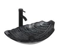 YU YUSING Ensemble Complet- Lavabo en Verre avec Robinet, Vasque à Poser, Lave-Mains, pour Salle de Bain, Cuisine, Toilette, WC d'invités, Argenté Gris Moderne, en Forme de Feuille, 62 x 42 x 21 cm