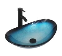YU YUSING Ensemble Complet- Lavabo Ovale en Verre avec Robinet, Vasque à Poser, Lave-Mains, pour Salle de Bain, Cuisine, WC d'invités, Bleu Moderne, 53 x 35 x 16 cm
