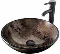 YU YUSING Ensemble Complet- Lavabo Rond en Verre avec Robinet, Vasque à Poser, Lave-Mains, pour Salle de Bain, Cuisine, Toilette, WC d'invités, Marron Moderne, 42 x 42 x 14 cm