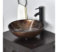 YU YUSING Ensemble Complet- Lavabo Rond en Verre avec Robinet, Vasque à Poser, Lave-Mains, pour Salle de Bain, Cuisine, Toilette, WC d'invités, Marron Moderne, 42 x 42 x 14 cm
