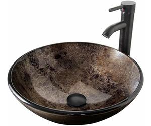 YU YUSING Ensemble Complet- Lavabo Rond en Verre avec Robinet, Vasque à Poser, Lave-Mains, pour Salle de Bain, Cuisine, Toilette, WC d'invités, Marron Moderne, 42 x 42 x 14 cm