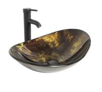 YU YUSING Ensemble Complet- Lavabo Vasque à Poser Ovale en Verre avec Ensemble de Robinets, Lave-Mains, pour Salle de Bain, Cuisine, WC d'invités, Doré Moderne, 53.3 x 35 x 16 cm