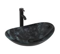 YU YUSING Ensemble Complet- Lavabo Vasque à Poser Ovale en Verre avec Ensemble de Robinets, Lave-Mains, pour Salle de Bain, Cuisine, WC d'invités, Gris Foncé Moderne, 53 x 35 x 15.5 cm