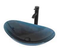 YU YUSING Ensemble Complet- Lavabo Vasque à Poser Ovale en Verre avec Ensemble de Robinets, Lave-Mains, pour Salle de Bain, Cuisine, WC d'invités, Bleu Foncé Moderne, 53 x 35 x 15.5 cm