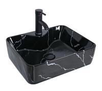 YU YUSING Ensemble complet - Lavabo Vasque à Poser Rectangulaire en Céramique avec Ensemble de Robinets, Lave-Mains, pour Salle de Bain, WC d'invités, Noir Moderne, 48 x 38 x 13.5 cm