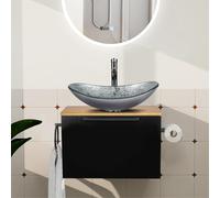 YU YUSING Ensemble de Meubles de Salle de Bain 60cm avec Lavabo, Armoire de Rangement avec Porte-Serviettes et Porte Papier Toilette, Meuble sous Lavabo, Vasque,Ensemble Robinets (Ovale Argenté)