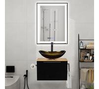 YU YUSING Ensemble de Meubles de Salle de Bain avec Miroir Mural LED 60x80cm Lavabo, Anti-buée, Affichage L'heure,Cadre Métallique, Armoire Meuble sous Lavabo,Vasque,Ensemble Robinets(Ovale Doré)