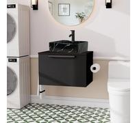 YU YUSING Ensemble de Meubles de Salle de Bain Rangement 60cm avec Miroir et Lavabo, 2 Étagères, Armoire Rangement 1 Porte, Meuble sous Lavabo Suspendu, Vasque à Poser, Ensemble Robinets (Noir)