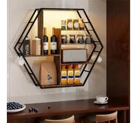 YU YUSING Étagère Vitrine Murale en Métal, LED 7 Couleurs, Bibliothèque Suspendue 2 Supports en Verre, 8 Crochets, Meuble Collection, Salon, Bar, Decoration Chambre Ado, Hexagone, Marron