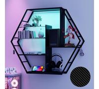 YU YUSING Étagère Vitrine Murale en Métal, LED 7 Couleurs, Bibliothèque Suspendue 2 Supports en Verre, 8 Crochets, Meuble Collection, Salon, Bar, Decoration Chambre Ado, Hexagone Finition Style Gaming