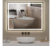YU YUSING Grand Miroir de Salle de Bain LED 100x80cm, Miroir Lumineux Mural avec 3 Couleurs Réglables, Cadre Métallique, Affichage L'heure, Bathroom Mirror Anti-buée, IP44 Étanchéité, Horizontal