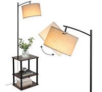 YU YUSING Lampadaire Salon avec Table d'appoint, Lampe sur Pied Chambre Multifonction 3 Étagères en Bois, Abat-Jour Réglable en Lin Beige, Lampe Lecture Douille E26, Rangement Bureau (Sans Ampoule)