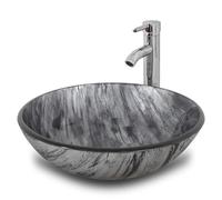 YU YUSING Lavabo Vasque à Poser Rond en Verre avec Ensemble de Robinets, Lave-Mains, pour Salle de Bain, Cuisine, WC d'invités, Gris Rond Moderne, 42 x 42 x 14 cm