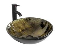 YU YUSING Lavabo Vasque à Poser Rond en Verre avec Ensemble de Robinets, Lave-Mains, pour Salle de Bain, Cuisine, WC d'invités, Doré Rond Moderne, 42 x 42 x 14 cm