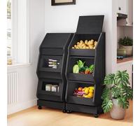 YU YUSING Lot de 2 Garde-manger Grillagés Fruits Légumes XXL-3 Étagères avec Roulettes, Rangement Pomme de Terre Cuisine, Boîte à Pain Mobile en Bois avec Couvercle, Chariot de Stockage, Fromage, Noir