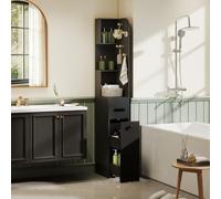 YU YUSING Meuble Colonne Salle de Bain Étroite 24cm Design Panneau Perforé | Armoire Rangement WC Mince Gain de Place, Tiroir à Roulettes, 3 Étagères, 5 Chevilles, Armoire Haute sur Pied, H165cm, Noir