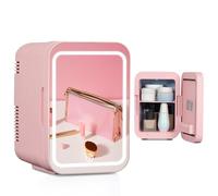 YU YUSING Mini Frigo de Chambre 4L avec Miroir LED, Luminosité Réglable, 6 Canettes, Petit Frigo Cosmétique, Réfrigérateur Portable, Voiture/Dortoir/Bureau/Camping, AC/DC, Boissons, Rose