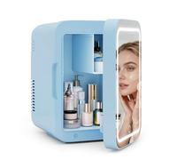 YU YUSING Mini Frigo de Chambre 4L avec Miroir LED, Luminosité Réglable, 6 Canettes, Petit Frigo Cosmétique, Réfrigérateur Portable, Voiture/Dortoir/Bureau/Camping, AC/DC, Boissons, Bleu