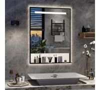 YU YUSING Miroir de Salle de Bain 60x80cm avec Étagère Amovible, Cadre en Aluminium, Miroir Lumineux Cosmétique Mural 3 Couleurs Lumière Réglables, Affichage L'heure, Anti-buée, Étanchéité, Vertical