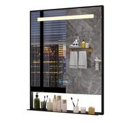 YU YUSING Miroir de Salle de Bain 60x80cm avec Étagère Amovible, Cadre en Aluminium, Miroir Lumineux Cosmétique Mural 3 Couleurs Lumière Réglables, Affichage L'heure, Anti-buée, Étanchéité Vertical