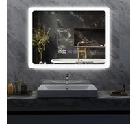 YU YUSING Miroir de Salle de Bain avec Éclairage 80x60cm, Miroir Lumineux LED Cosmétique Mural avec 3 Couleurs Dimmables de Lumière, Interrupteur Tactile, Anti-buée, Affichage L'heure, IP44 Étanchéité