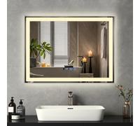 YU YUSING Miroir de Salle de Bain LED 80x60cm, Miroir Lumineux Cosmétique Mural avec 3 Couleurs de Lumière Réglables, Cadre Métallique, Affichage L'heure,Anti-buée,IP44 Étanchéité,Horizontal Argenté