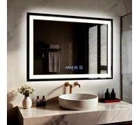 YU YUSING Miroir de Salle de Bain LED 80x60cm, Miroir Lumineux Cosmétique Mural avec 3 Couleurs de Lumière Réglables, Cadre Métallique, Affichage L'heure, Anti-buée, IP44 Étanchéité, Horizontal