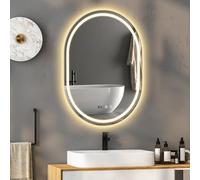 YU YUSING Miroir de Salle de Bain LED Ovale 60x80cm, Miroir Lumineux Cosmétique Mural, 3 Couleurs Lumière Réglables, Affichage L'heure, Anti-buée, Intensité Variable, Fonction Mémoire, Vertical