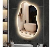 YU YUSING Miroir Organique de Salle de Bain avec Éclairage 85x55cm, Asymétrique Design en Forme de Nuage Vague, Miroir Cosmétique Mural 3 Couleurs, Anti-buée, Étanchéité IP44, Horizontal ou Vertical