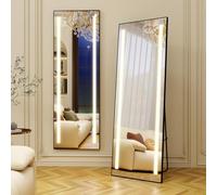 YU YUSING Miroir sur Pied LED XXL, 150x50cm Grand Miroir Plein Pied Mural, 3 Couleurs Eclairage Dimmable, Cadre en Aluminium, avec Support, pour Chambre à Coucher Salon Vestiaire, Rectangulaire Noir