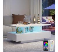 YU YUSING Table Basse LED avec 2 Tiroirs, Table d'Appoint de Salon Coffre avec 2 Étagères de Rangement, 60000 Couleurs Lumières Réglables, Télécommande,Contrôle APP, Modes Musique,Moderne(Blanc)